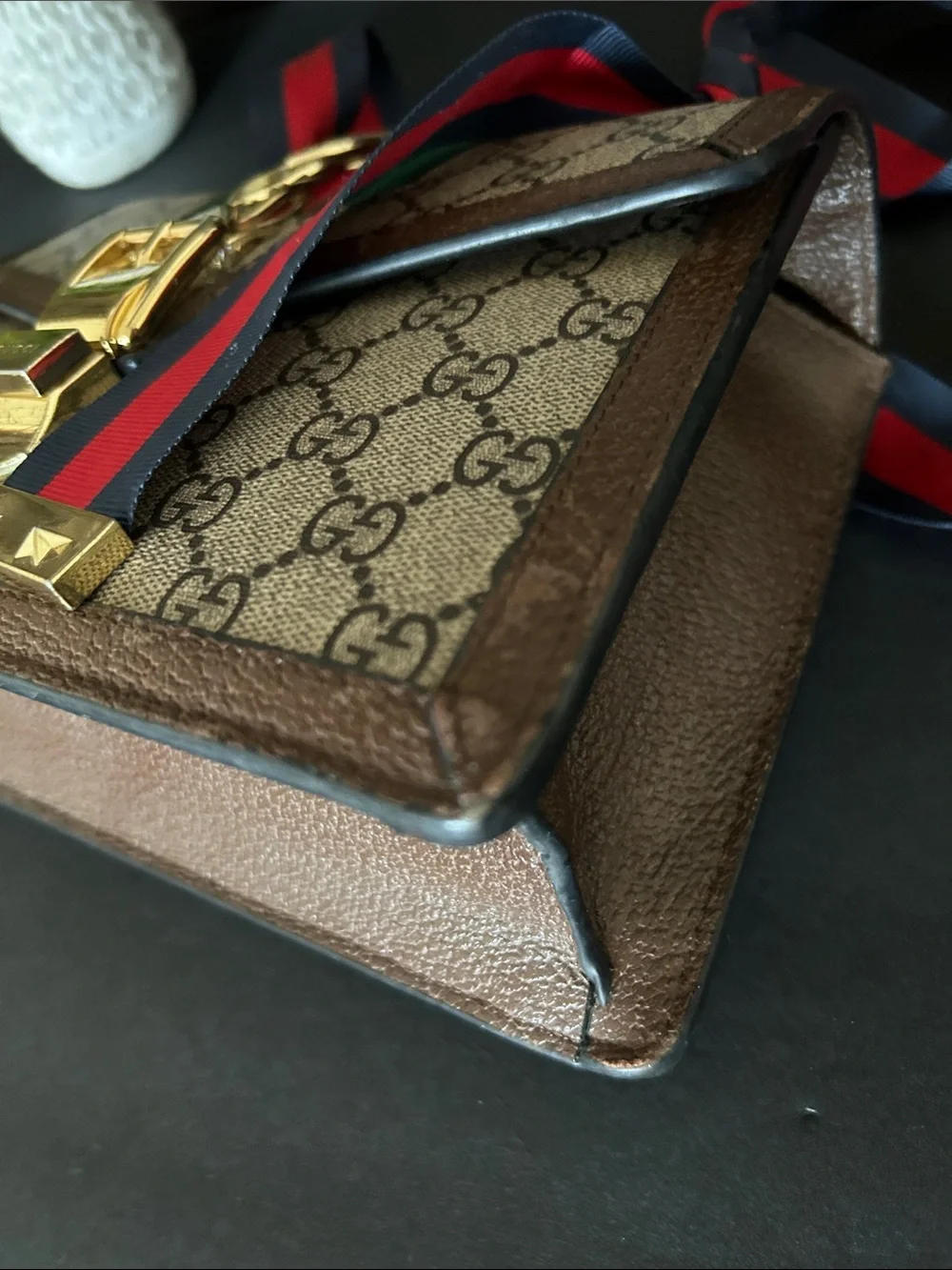 Beautiful Beige Crossbody with Green and Red-Blue Web Strap